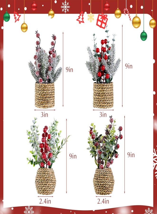 Treory 4 Pack Christmas Table Decorations, 9" Small Christmas Tree with Pine Cone Berry, Rustic Handcrafted Straw Weaving Pot Artificial Tree Tabletop Centerpieces for Home Indoor Fireplace Mantel Xmas Decor - Image 2