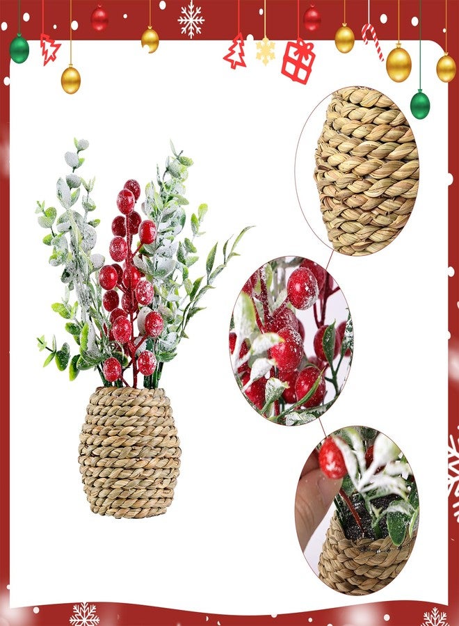 Treory 4 Pack Christmas Table Decorations, 9" Small Christmas Tree with Pine Cone Berry, Rustic Handcrafted Straw Weaving Pot Artificial Tree Tabletop Centerpieces for Home Indoor Fireplace Mantel Xmas Decor - Image 3