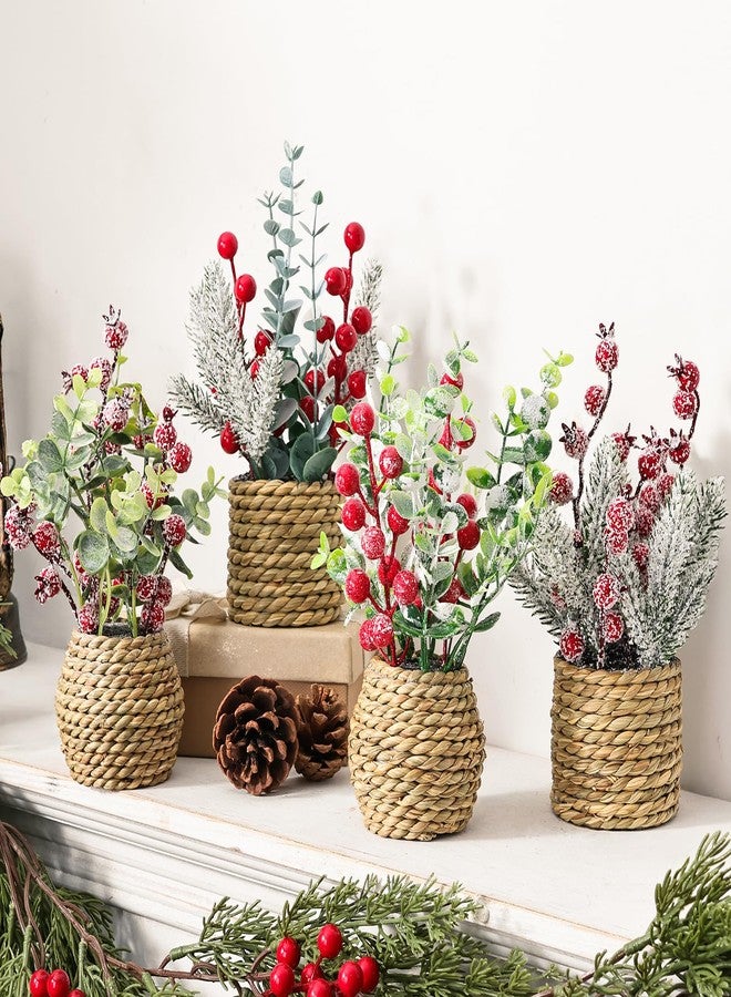 Treory 4 Pack Christmas Table Decorations, 9" Small Christmas Tree with Pine Cone Berry, Rustic Handcrafted Straw Weaving Pot Artificial Tree Tabletop Centerpieces for Home Indoor Fireplace Mantel Xmas Decor - Image 1