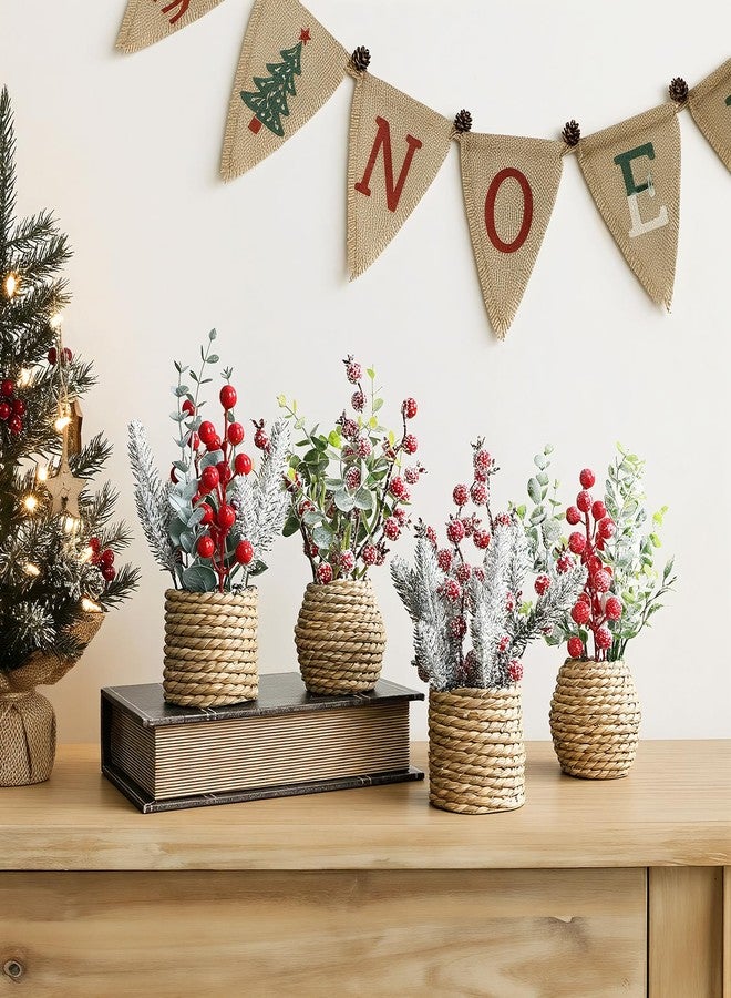 Treory 4 Pack Christmas Table Decorations, 9" Small Christmas Tree with Pine Cone Berry, Rustic Handcrafted Straw Weaving Pot Artificial Tree Tabletop Centerpieces for Home Indoor Fireplace Mantel Xmas Decor - Image 4