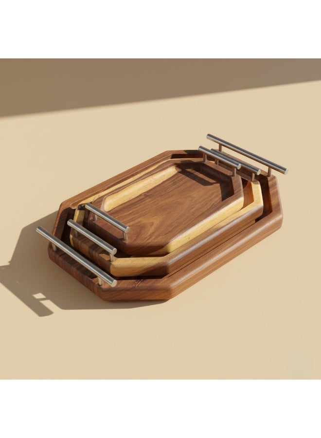 CASA HOME Premium Natural Wooden Serving Tray Set with Stainless Steel Handles – Luxury Coffee, Tea & Snack Trays for Home, Dining & Hospitality - Image 1