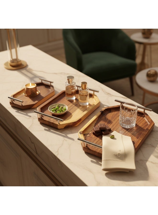CASA HOME Premium Natural Wooden Serving Tray Set with Stainless Steel Handles – Luxury Coffee, Tea & Snack Trays for Home, Dining & Hospitality - Image 2