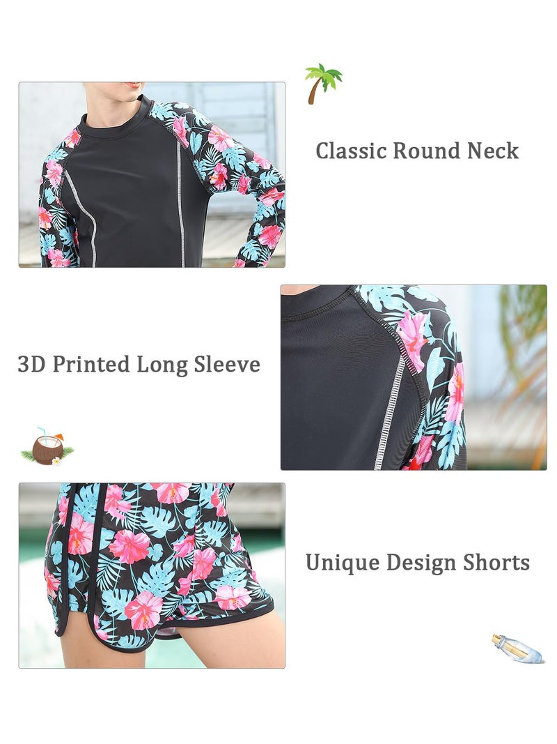 Vogseek Bathing Suit for Girls 8-10 Year Old Red Flower Swimsuit with Rash Guard Long Sleeve Swim Shirt UPF 50+ Hawaiian Tankini Swimwear 3D Floral Printed Size 8 9 Big Girls Sunsuit Swim Suits - Image 3