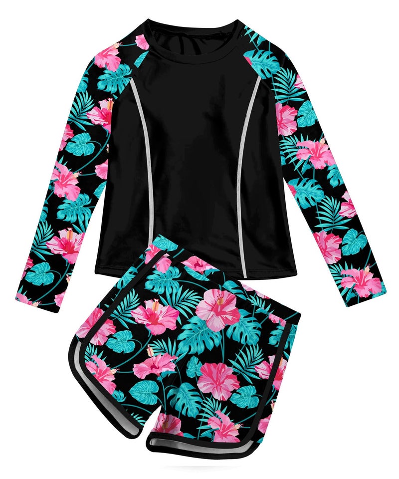 Vogseek Bathing Suit for Girls 8-10 Year Old Red Flower Swimsuit with Rash Guard Long Sleeve Swim Shirt UPF 50+ Hawaiian Tankini Swimwear 3D Floral Printed Size 8 9 Big Girls Sunsuit Swim Suits - Image 1