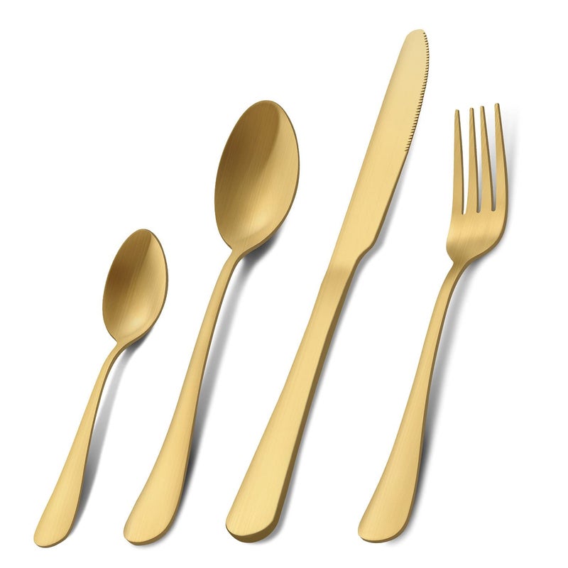 Cutlery Set Pleafind 16 Piece Matte Gold Cutlery Set Service for 4 Stainless Steel Flatware Set Include Knife Fork Spoon Silverware Set Dishwasher Safe