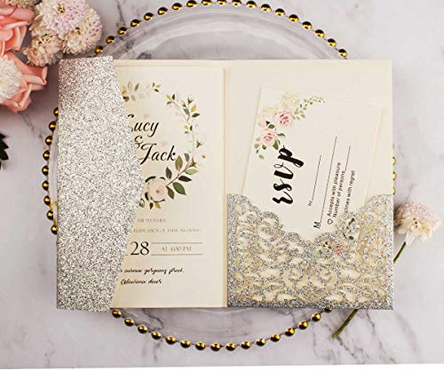 Lucky Star 25pcs 5"x7.28" Silver Glitter Vine Tri Fold Pocketfold Wedding Invitations Cards pocket Pearl Paper Laser Cut Hollow Carving Greeting invites Covers only no envelope no insert (silver glitter cover) - Image 3