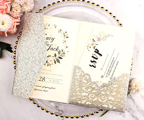 Lucky Star 25pcs 5"x7.28" Silver Glitter Vine Tri Fold Pocketfold Wedding Invitations Cards pocket Pearl Paper Laser Cut Hollow Carving Greeting invites Covers only no envelope no insert (silver glitter cover) - Image 5