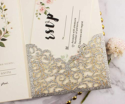Lucky Star 25pcs 5"x7.28" Silver Glitter Vine Tri Fold Pocketfold Wedding Invitations Cards pocket Pearl Paper Laser Cut Hollow Carving Greeting invites Covers only no envelope no insert (silver glitter cover) - Image 4