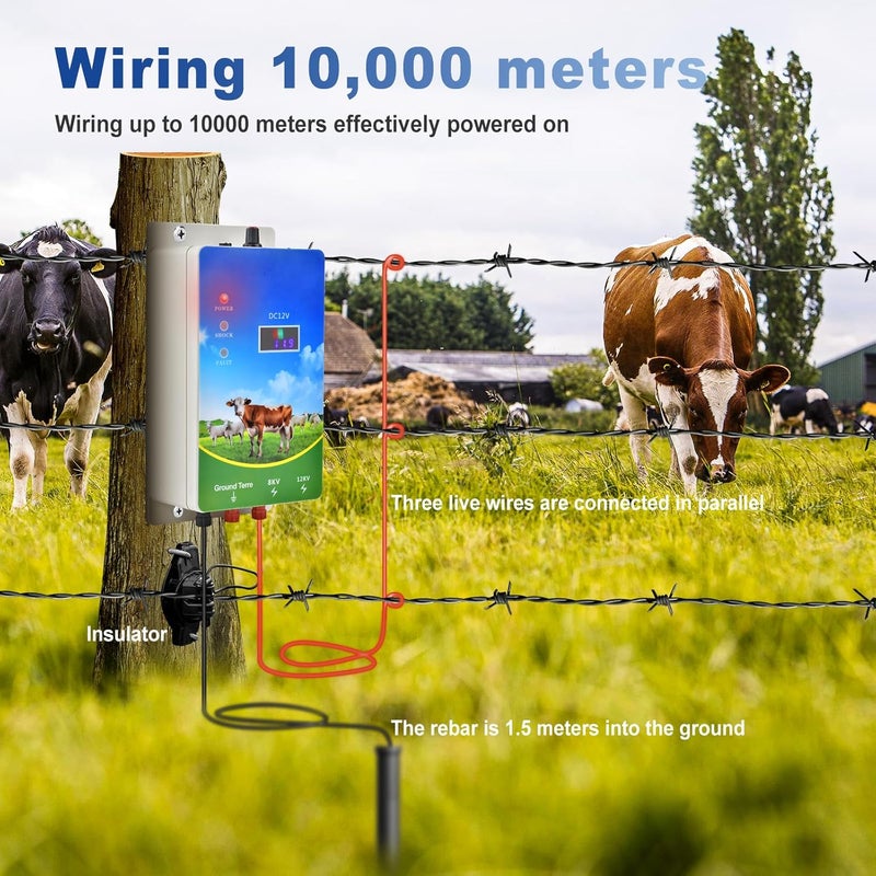 DDayuanwei Electric Fence Charger 6 Mile, 8-12KV 2 Joules High-Power Output, LED Display, AC DC Multi-Powered Electric Fence for Livestock, Horses, Cattle Sheep, Gardens, Orchards Protection - Image 3