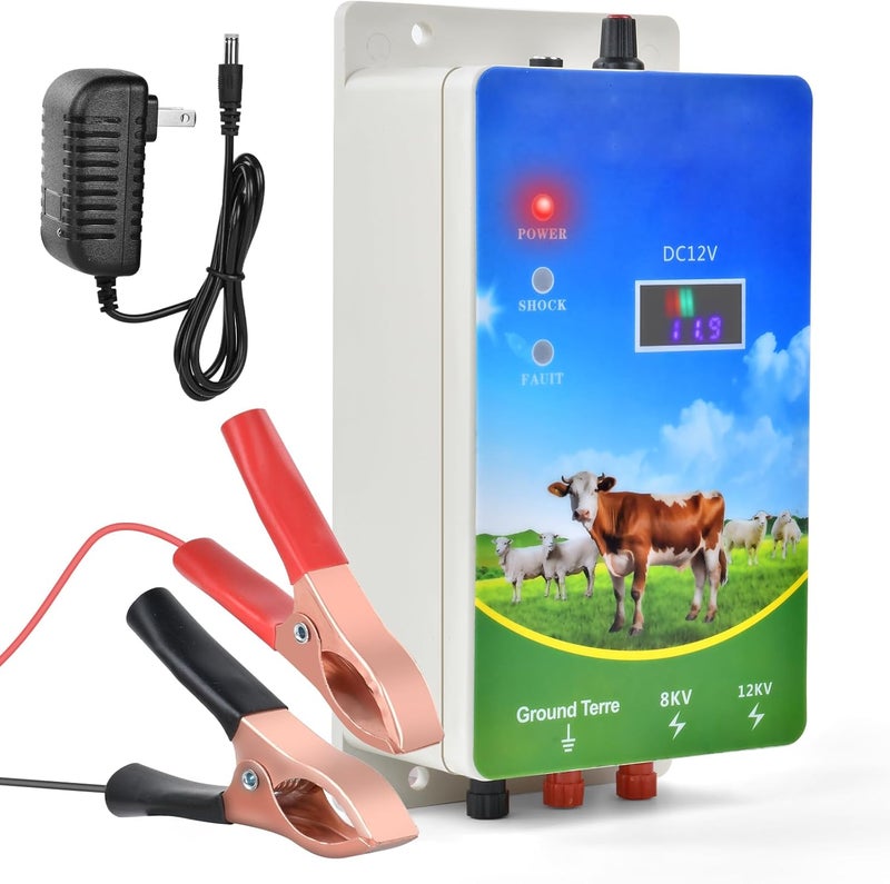 DDayuanwei Electric Fence Charger 6 Mile, 8-12KV 2 Joules High-Power Output, LED Display, AC DC Multi-Powered Electric Fence for Livestock, Horses, Cattle Sheep, Gardens, Orchards Protection - Image 1