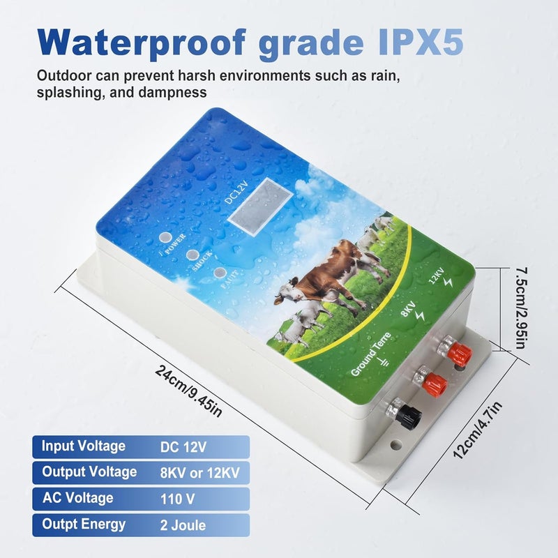DDayuanwei Electric Fence Charger 6 Mile, 8-12KV 2 Joules High-Power Output, LED Display, AC DC Multi-Powered Electric Fence for Livestock, Horses, Cattle Sheep, Gardens, Orchards Protection - Image 5