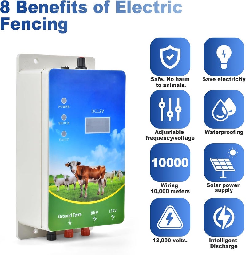 DDayuanwei Electric Fence Charger 6 Mile, 8-12KV 2 Joules High-Power Output, LED Display, AC DC Multi-Powered Electric Fence for Livestock, Horses, Cattle Sheep, Gardens, Orchards Protection - Image 2