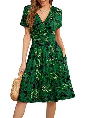 WEACZZY Women Summer Casual Short Sleeve Dresses V-Neck Floral Sundress with Pockets,Floral Green,L - Image 5