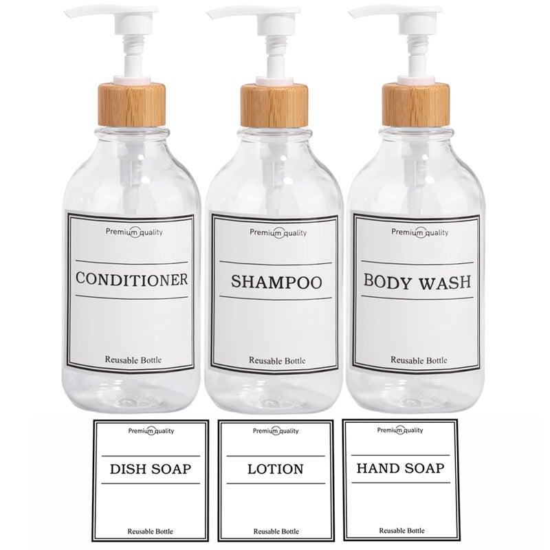 مجموعة موزع الشامبو والبلسم سعة 316 أونصة زجاجة مضخة قابلة لإعادة الاستخدام للحمام مع 6 ملصقات مقاومة للماء حاويات بلاستيكية فارغة قابلة لإعادة التعبئة للاستحمام