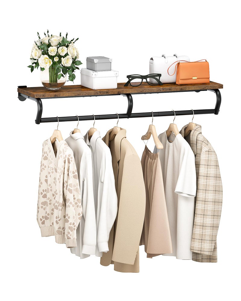 CHOEZON Wall Mounted Clothes Rack, Metal Garment Rack with Top Shelf, Laundry Storage Shelf with Hanging Rod, for Laundry Room, Bedroom, Entryway and Storage Room, Rustic Brown and Black TYM02BF - Image 1