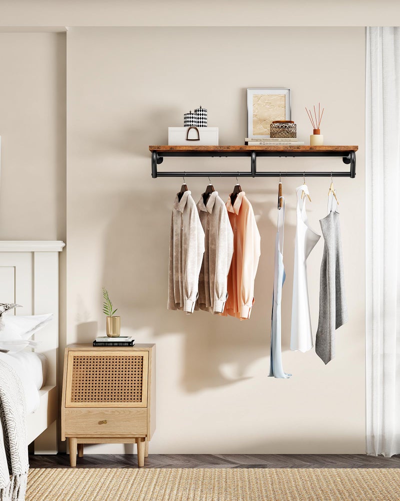 CHOEZON Wall Mounted Clothes Rack, Metal Garment Rack with Top Shelf, Laundry Storage Shelf with Hanging Rod, for Laundry Room, Bedroom, Entryway and Storage Room, Rustic Brown and Black TYM02BF - Image 2