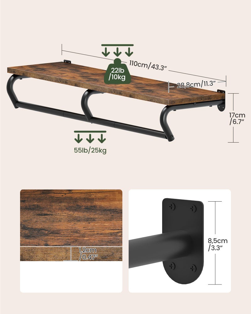 CHOEZON Wall Mounted Clothes Rack, Metal Garment Rack with Top Shelf, Laundry Storage Shelf with Hanging Rod, for Laundry Room, Bedroom, Entryway and Storage Room, Rustic Brown and Black TYM02BF - Image 4