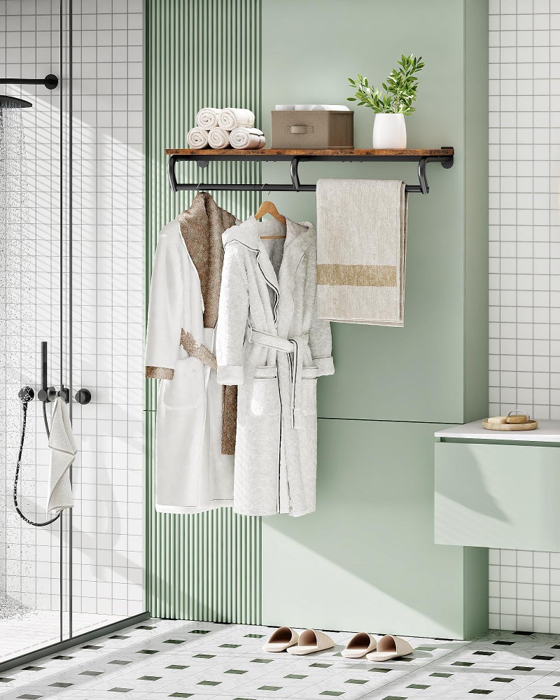 CHOEZON Wall Mounted Clothes Rack, Metal Garment Rack with Top Shelf, Laundry Storage Shelf with Hanging Rod, for Laundry Room, Bedroom, Entryway and Storage Room, Rustic Brown and Black TYM02BF - Image 5