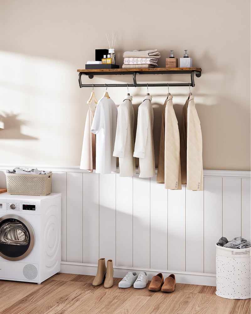 CHOEZON Wall Mounted Clothes Rack, Metal Garment Rack with Top Shelf, Laundry Storage Shelf with Hanging Rod, for Laundry Room, Bedroom, Entryway and Storage Room, Rustic Brown and Black TYM02BF - Image 3