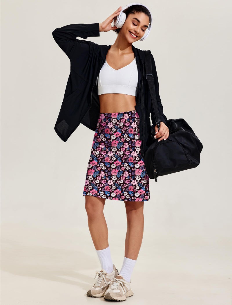 COOrun Skorts for Woman 20" Knee Length Golf Tennis Skirt High Waisted Modest Skirts with Pockets Tummy Control Athletic Running Skort,Black Floral Print L - Image 5