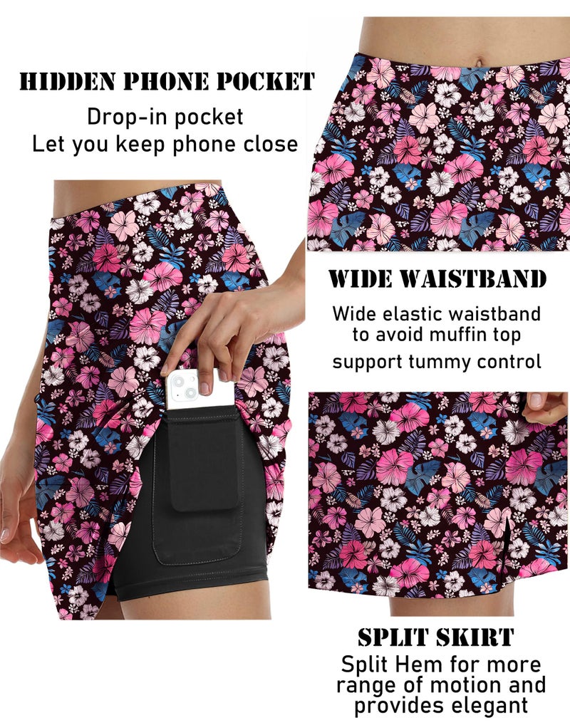 COOrun Skorts for Woman 20" Knee Length Golf Tennis Skirt High Waisted Modest Skirts with Pockets Tummy Control Athletic Running Skort,Black Floral Print L - Image 4