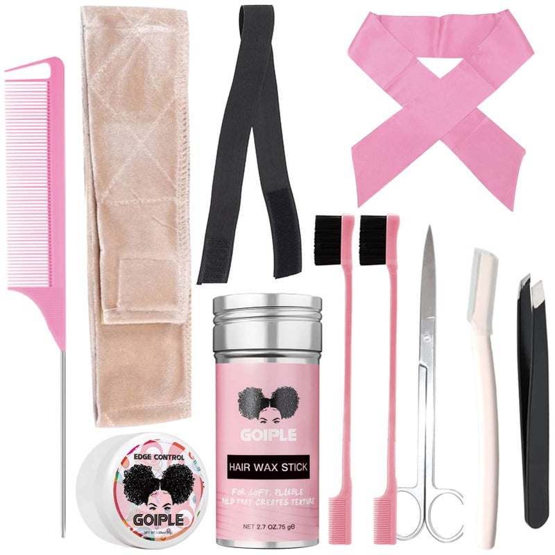 Goiple 11 PCS Wig Kit for Lace Front Wigs for Beginners Hair Wax Stick Lace Melting Elastic Band for Wigs Edge Laying Scarf Eyebrow Razor Tweezer Edge Brush Wig Band Mini Scissor Comb Beige