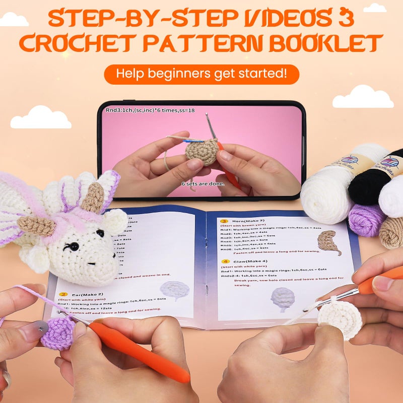 Crochetta Crochet Kit for Beginners, Beginner Crochet Kit for Adults with Step-by-Step Video Tutorials, DIY Crochet Animal Kits Knitting Supplies, Purple Dragon (40%+ Yarn) - Image 2