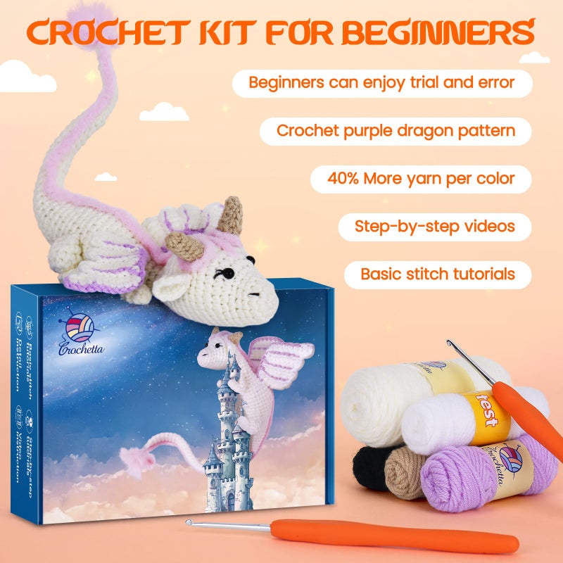 Crochetta Crochet Kit for Beginners, Beginner Crochet Kit for Adults with Step-by-Step Video Tutorials, DIY Crochet Animal Kits Knitting Supplies, Purple Dragon (40%+ Yarn) - Image 3