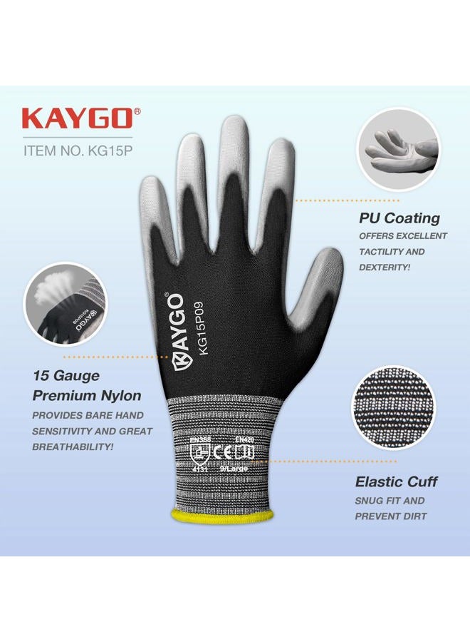 KAYGO Ultra Thin PU Coated Safety Work Gloves, 12 Pairs Nylon Knit, High Dexterity Anti-Slip Breathable Light Duty Gloves for Precision, Warehouse, DIY & Electronics (L,Gray) - Image 2