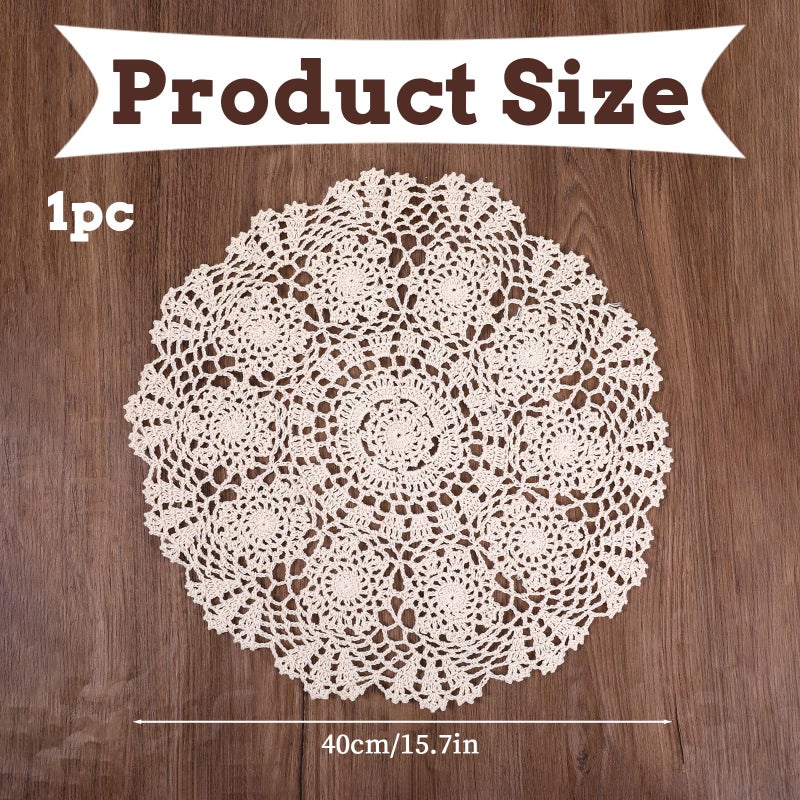 Zyghjort Dollies for Tables, 15.7 Inch Large Cotton Handmade Table Doilies Vintage Round Crochet Doilies Lace Placemats Knitted Tablecloth for Home Kitchen Dining Room Wedding Party Decoration (Beige) - Image 2