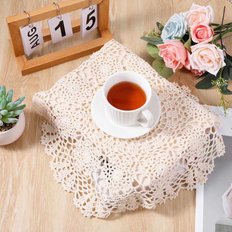 Zyghjort Dollies for Tables, 15.7 Inch Large Cotton Handmade Table Doilies Vintage Round Crochet Doilies Lace Placemats Knitted Tablecloth for Home Kitchen Dining Room Wedding Party Decoration (Beige) - Image 3