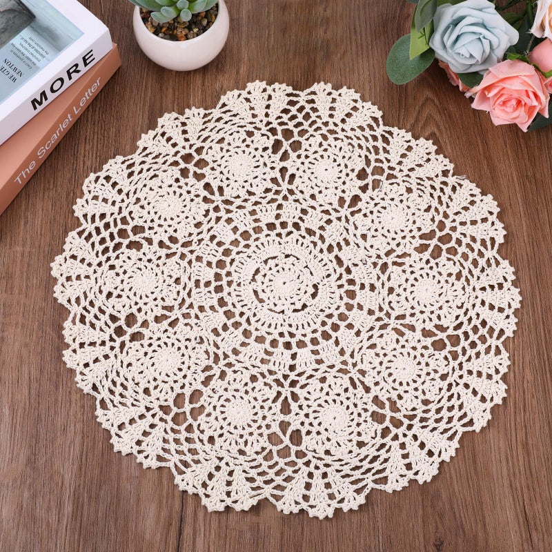 Zyghjort Dollies for Tables, 15.7 Inch Large Cotton Handmade Table Doilies Vintage Round Crochet Doilies Lace Placemats Knitted Tablecloth for Home Kitchen Dining Room Wedding Party Decoration (Beige) - Image 1