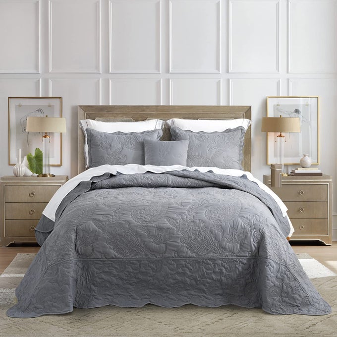 HZ HY OVERSIZED KING BEDSPREAD 138X122 EXTRA WIDE QUILTED COVERLET BEDDING SET LIGHTWEIGHT THIN COMFORTER REVERSIBLE LUXURIOUS 5 PIECE 100 MICROFIBER CALIFORNIAALASKAN KING GREY