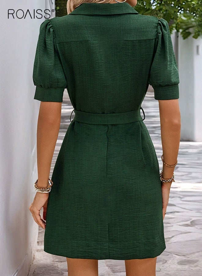 roaiss Women's Textured Green Shirt Dress Short Sleeve Lapel Cardigan Dress for Women Versatile Commuter Style with Belted Waist and Pockets Breathable Fabric - Image 3