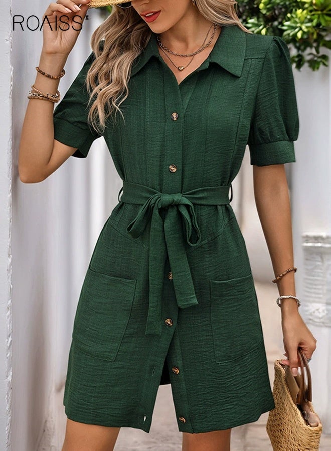 roaiss Women's Textured Green Shirt Dress Short Sleeve Lapel Cardigan Dress for Women Versatile Commuter Style with Belted Waist and Pockets Breathable Fabric - Image 2