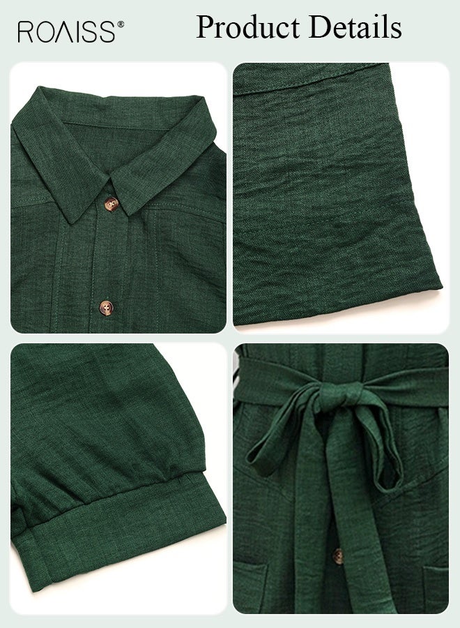 roaiss Women's Textured Green Shirt Dress Short Sleeve Lapel Cardigan Dress for Women Versatile Commuter Style with Belted Waist and Pockets Breathable Fabric - Image 5