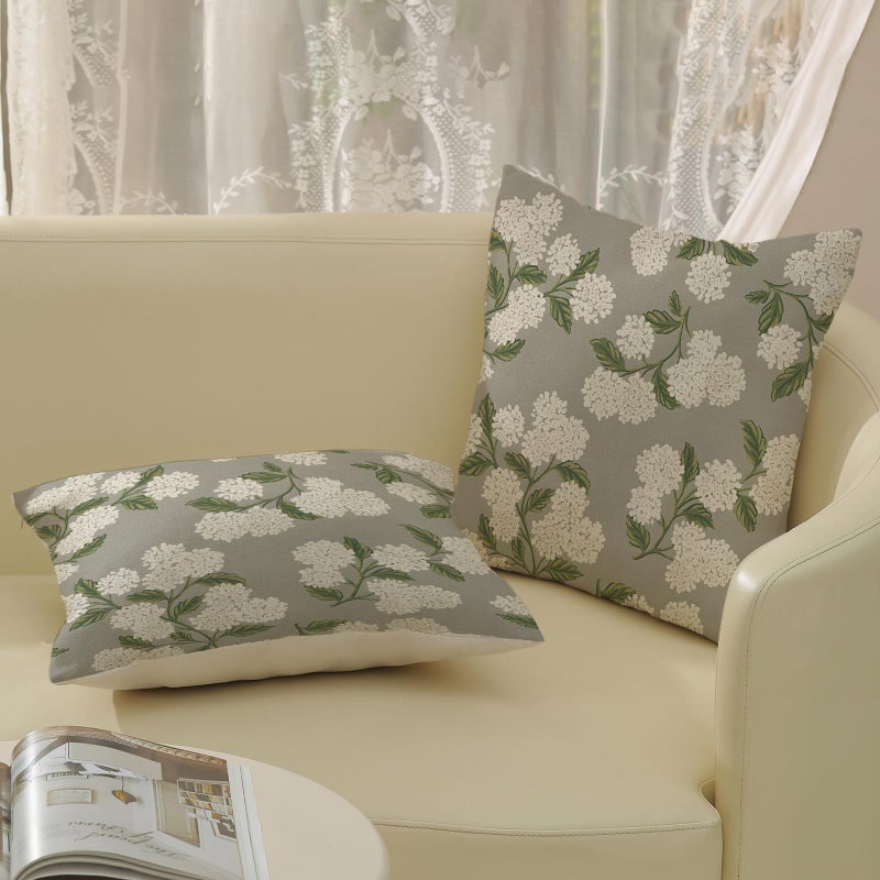 DAFENA Grey Spring Pillow Covers 18x18 Inch 2 Pcs Gray Green Hydrangea Flower Decor Throw Pillows Vintage Floral Seasonal Summer Outdoor Decoration Pillowcase Linen Cushion Cover for Couch Sofa - Image 4