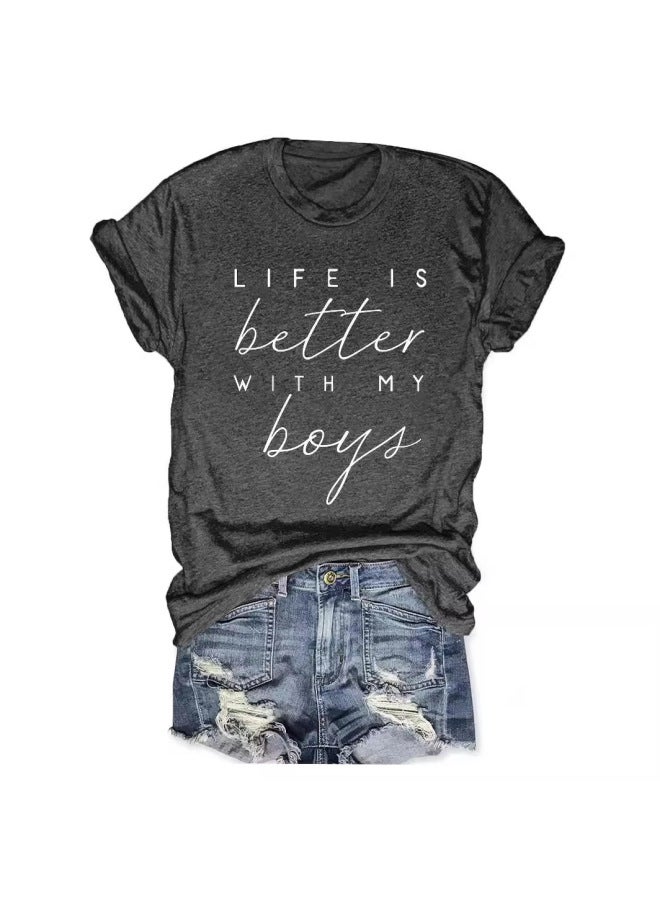 European And American Short-sleeved T-shirt Top Women's Summer Printed Round Neck Loose Short-sleeved T-shirt Top French T-shirt