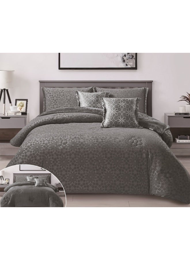SMART HOME Double-sided winter Comforter (velvet and faux fur) with shiny jacquard patterns –6-piece Luxurious full double duvet set includes a 250x230 cm duvet cover, a 200x200+30 cm fitted sheet, two 50x75+5 cm pillowcases, and two 45x45+5 cm square pillowcases – Elegant, soft, and warm hotel-style bedding. - Image 1