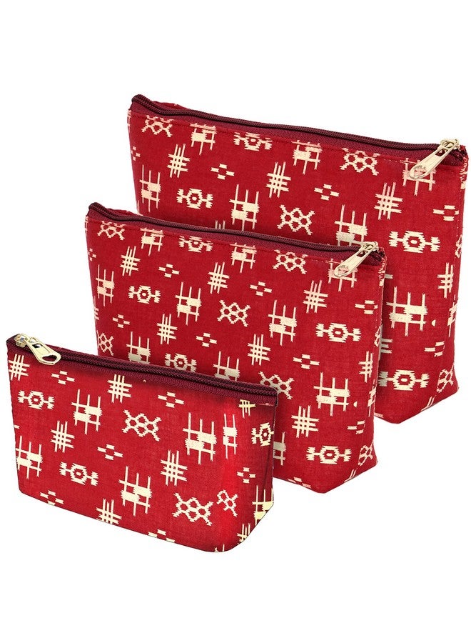NISUN Small Canvas Set Of 3 Multipurpose Travel Pouch, Pouch For Cosmetic Stuffs, Women Makeup Organizer Bag, Aesthetic And Trendy,(In Red Color With Golden Print) (24 X 14 X 6 Cm) - Image 1