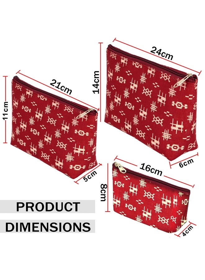 NISUN Small Canvas Set Of 3 Multipurpose Travel Pouch, Pouch For Cosmetic Stuffs, Women Makeup Organizer Bag, Aesthetic And Trendy,(In Red Color With Golden Print) (24 X 14 X 6 Cm) - Image 2