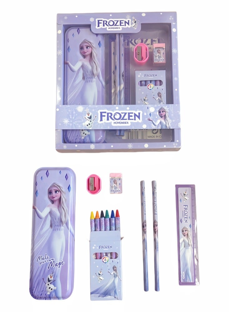 Generic 7 Piece Stationary Set, Children's Stationery Gift Set (Pencil Case, Pencil, Crayons, Pencil Sharpener, Eraser, Ruler), Frozen Style Themed Stationery Set Back-to-School Gift for School Kids, Girls, Boys Birthday Gift  - Image 1
