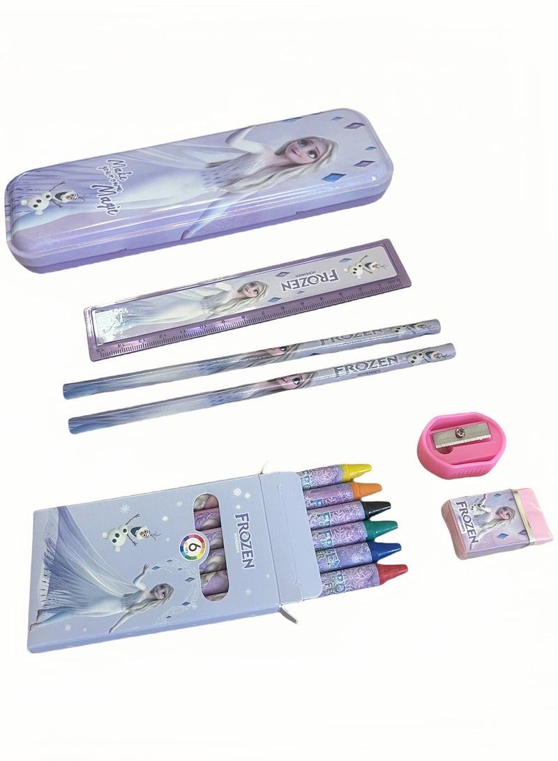 Generic 7 Piece Stationary Set, Children's Stationery Gift Set (Pencil Case, Pencil, Crayons, Pencil Sharpener, Eraser, Ruler), Frozen Style Themed Stationery Set Back-to-School Gift for School Kids, Girls, Boys Birthday Gift  - Image 3