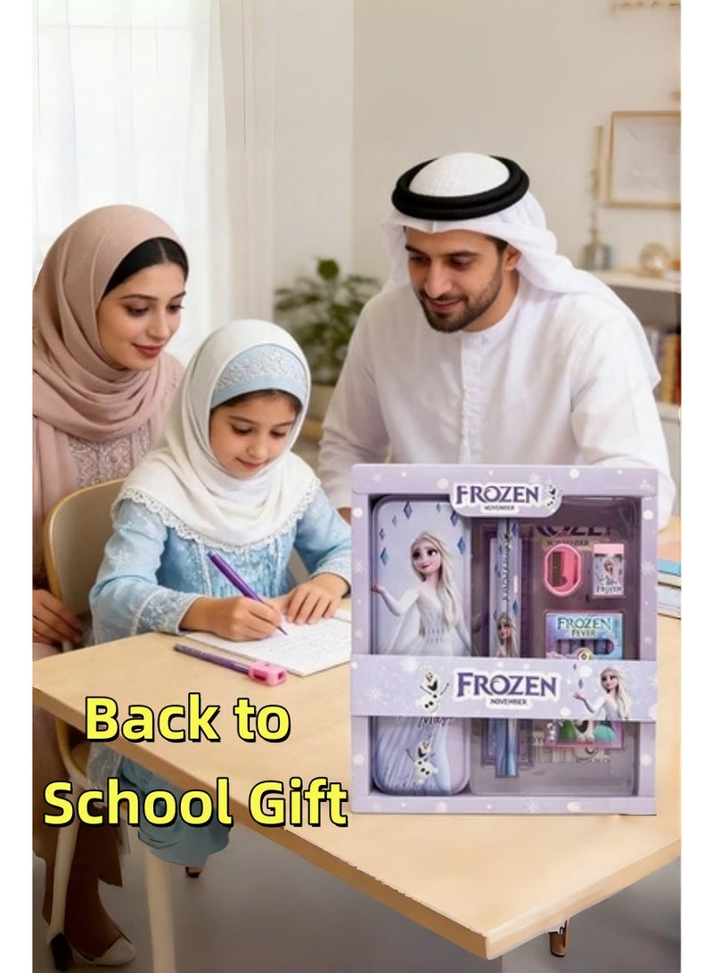 TAYYIB NOOR Frozen-Themed School Stationery Set for Kids - Gift-Ready Learning Box with Complete Back to School Supplies: Pencil Box, Erasers, Sharpener, Ruler & Crayons - Image 2