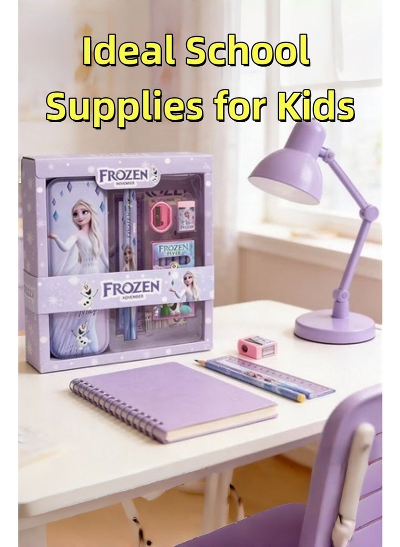 TAYYIB NOOR Frozen-Themed School Stationery Set for Kids - Gift-Ready Learning Box with Complete Back to School Supplies: Pencil Box, Erasers, Sharpener, Ruler & Crayons - Image 3