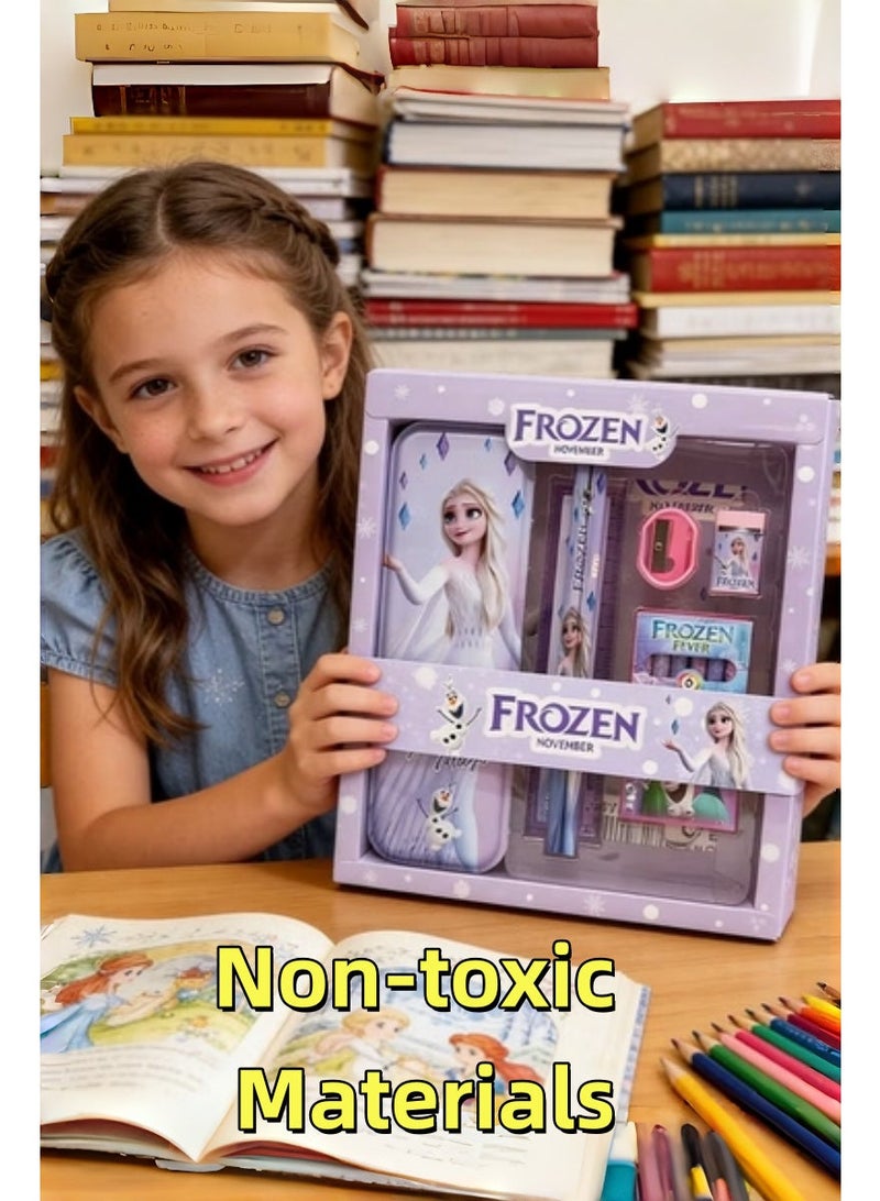 TAYYIB NOOR Frozen-Themed School Stationery Set for Kids - Gift-Ready Learning Box with Complete Back to School Supplies: Pencil Box, Erasers, Sharpener, Ruler & Crayons - Image 4