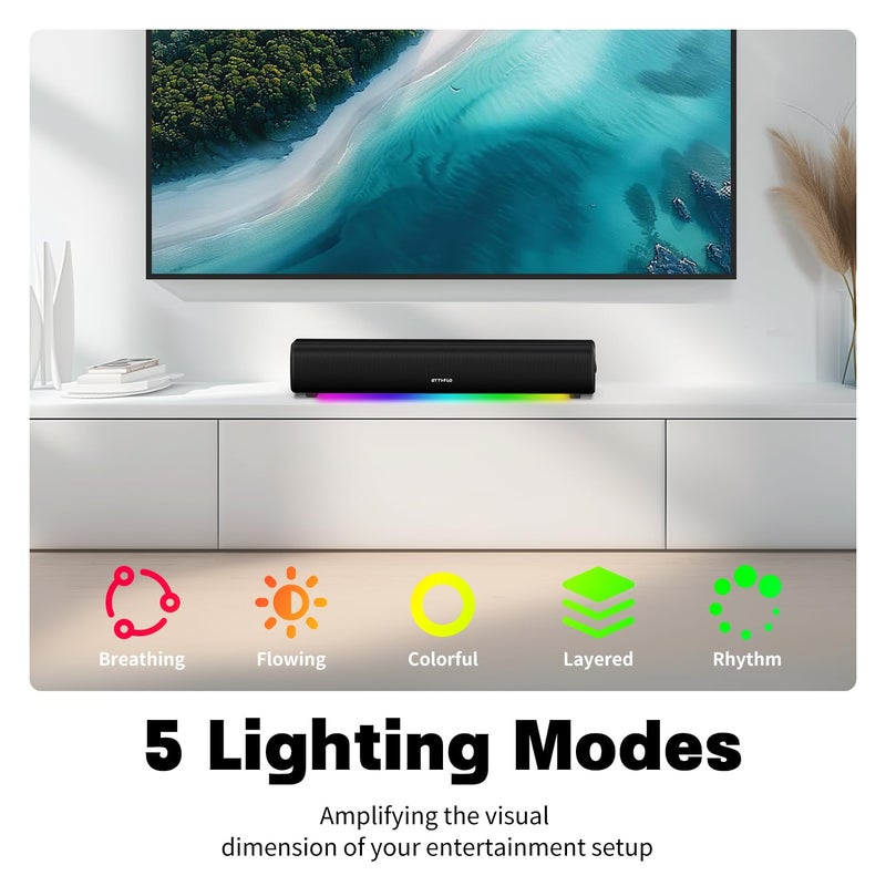 Rythflo Sound Bar for Smart TV, 16'/60W Soundbar with Impactful Bass, Dynamic Light and Remote Control, Wall Mountable TV Speakers with Bluetooth/Optical/3.5MM AUX for Gaming/PC/Projector - Image 3