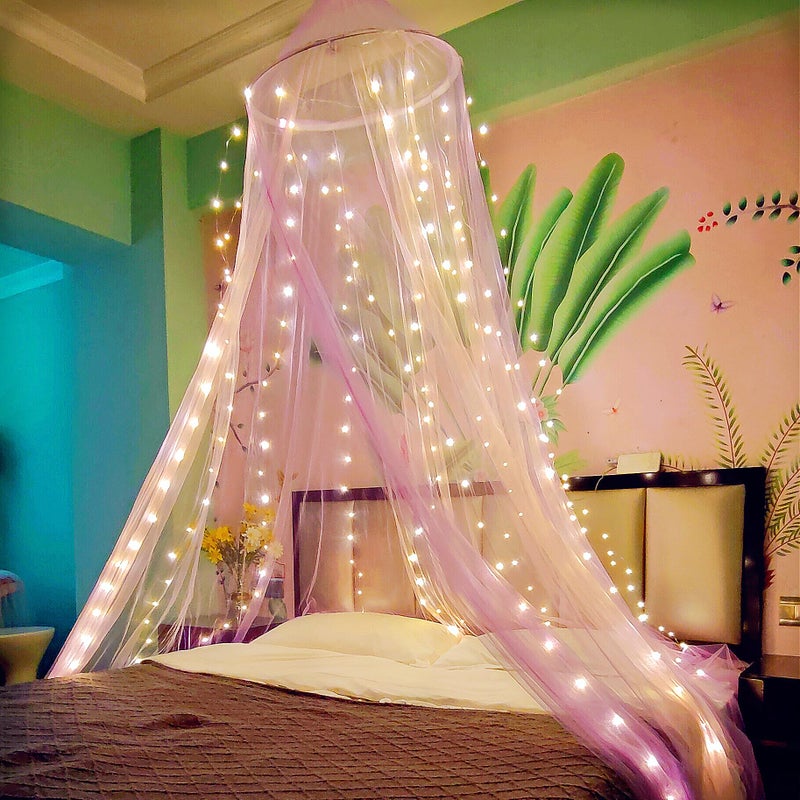 Eimilaly Two-tone Bed Canopy Mosquito Net Pink Purple with 250pcs Warm Lights, Bed Canopy for Girls Room Decor, Single Door - Image 2