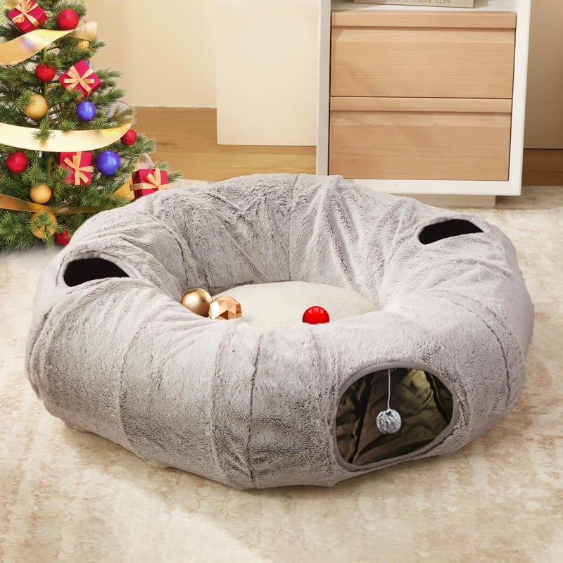 WINDRACING Cat Tunnel Bed for Indoor Cats - Cute Cat Donut Tunnel with Washable Circle Cushion, Round Pet Play Tunnel Toy for Kitten/Puppy/Rabbit,Grey - Image 1