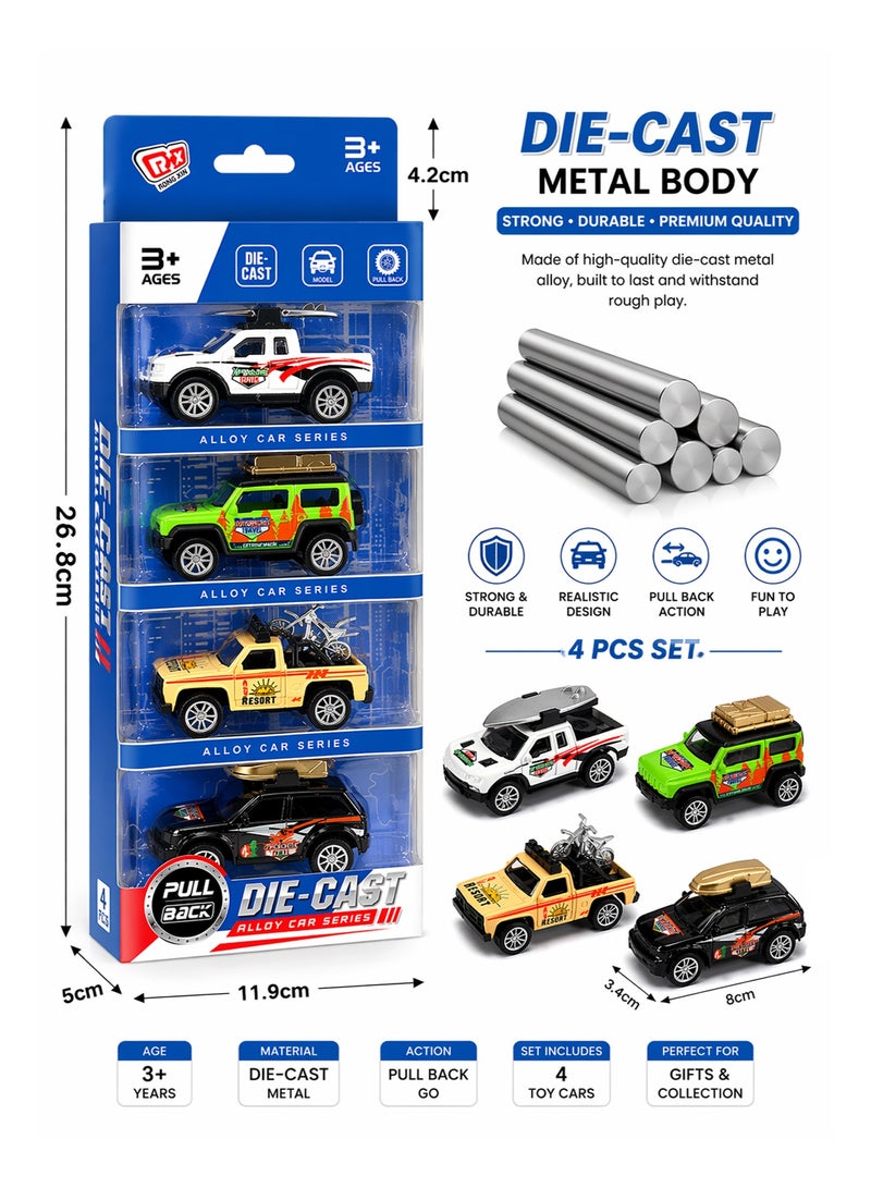 Pull Back Die Cast Car Toy Pack of 4, Metal Alloy Mini Cars Set for Kids, Friction Powered No Battery Vehicles 8 cm, Durable Toy Gift for Boys Girls - Image 2